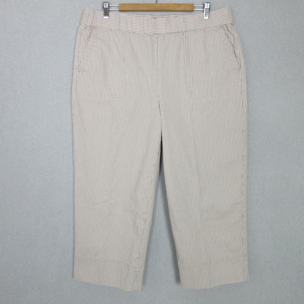 Talbots Crop Pants Womens XL Tan White Striped Elastic Waist Cotton Blend